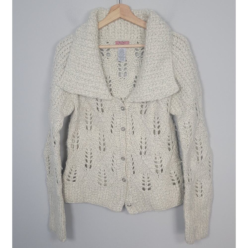 Hand Knit by Dollie Cardigan Womens M Wool Blend Sequin Button Ivory